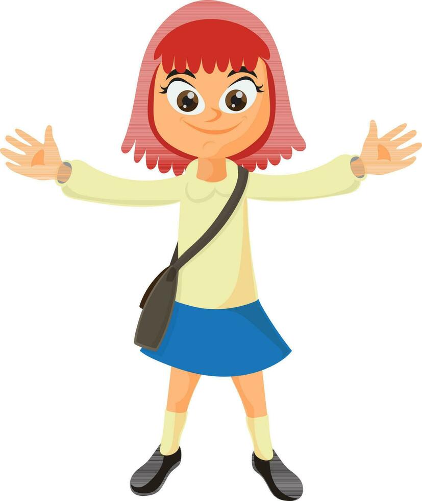 dibujos animados personaje de niña en colegio uniforme con bolsa. vector