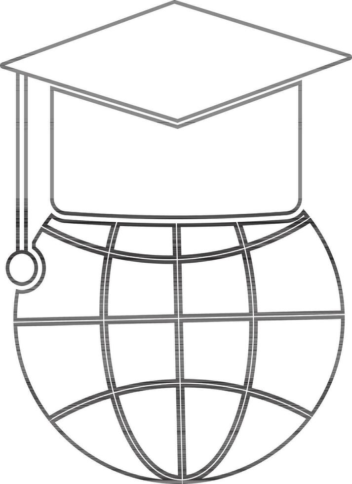 Morterboard on earth globe in black line art. vector