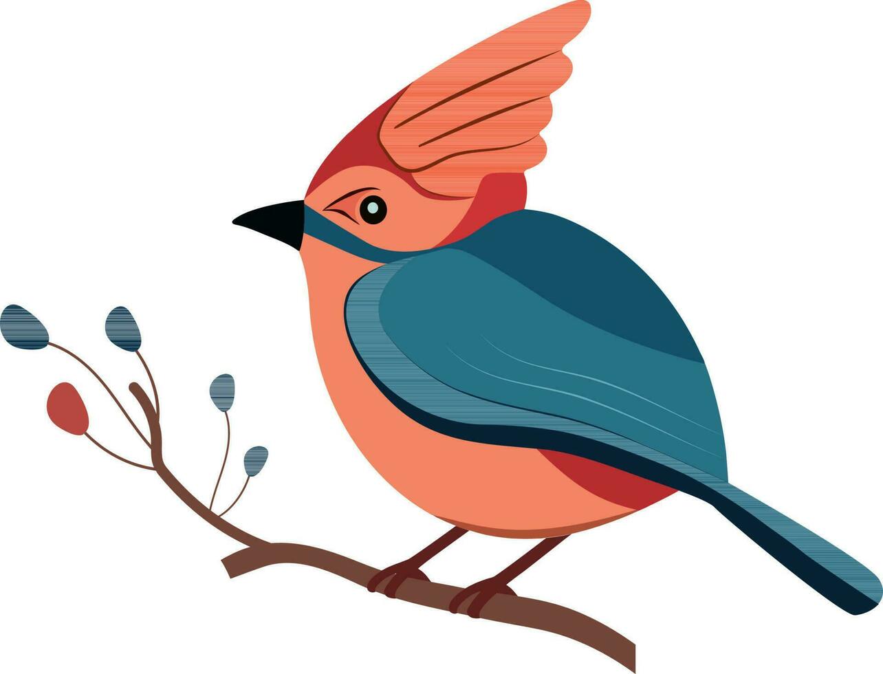 Orange And Blue Lark Bird Sitting On Floral Branch Icon. vector