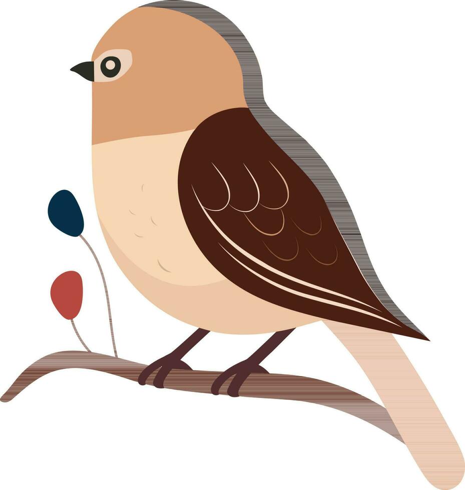 Brown Bird Sitting On Floral Branch Icon In Flat Style. vector