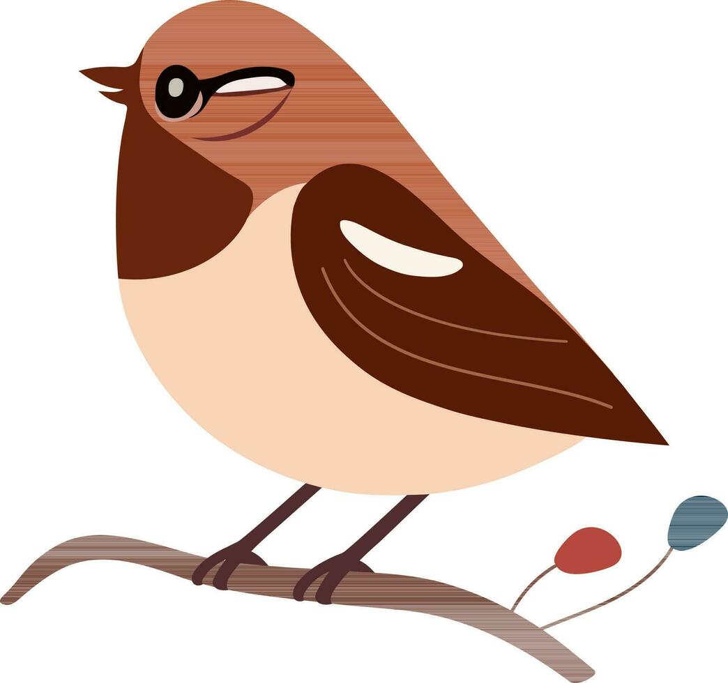 Cute Brown Bird Sitting On Floral Branch Icon In Brown And Peach Color. vector