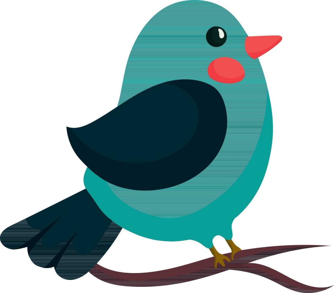 Cute Bird Sitting On Branch Icon In Teal And Red Color. vector