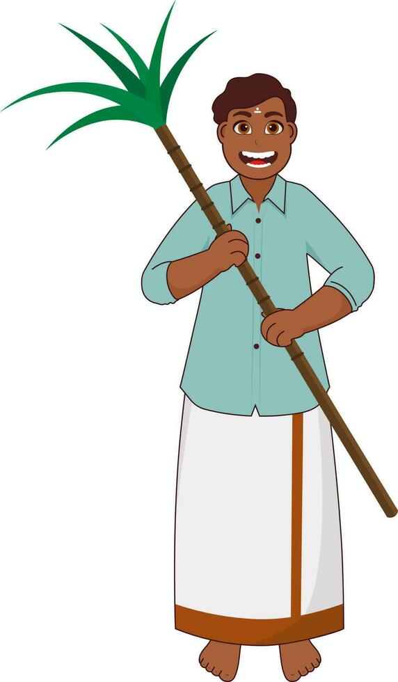 Cheerful South Indian Man Holding Sugarcane In Standing Pose. vector