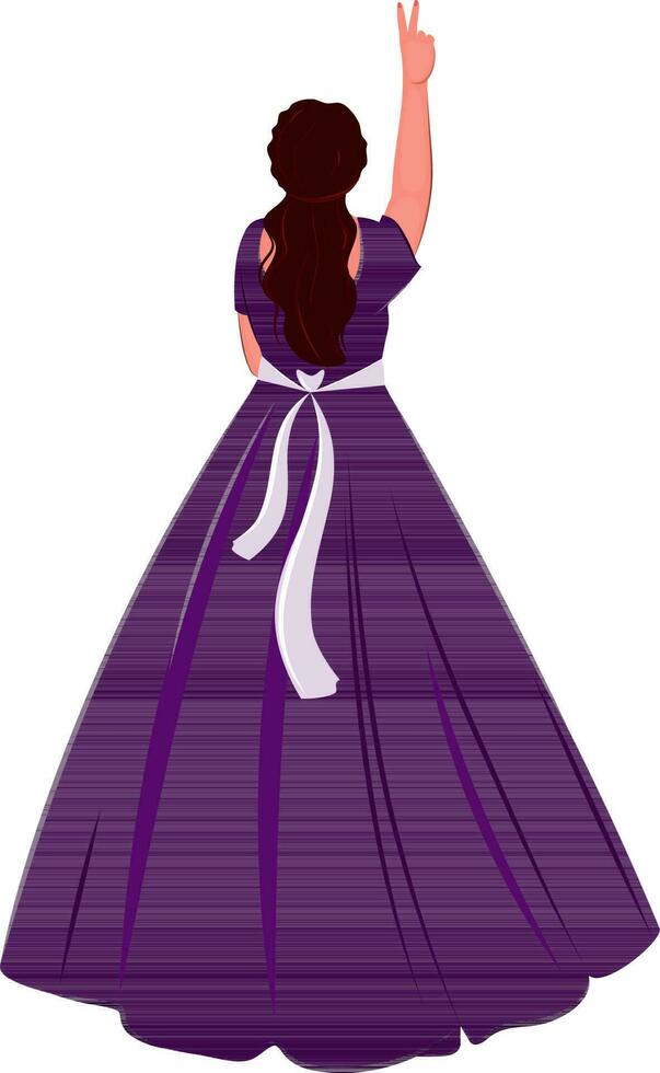 Rear View of Young Woman Wearing Purple Gown With Showing Peace Sign In Standing Pose. vector