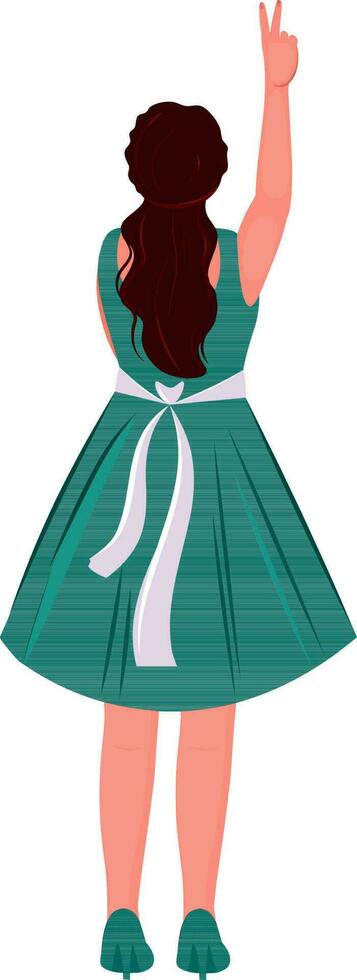 Rear View of Modern Young Girl Showing Peace Sign In Standing Pose. vector