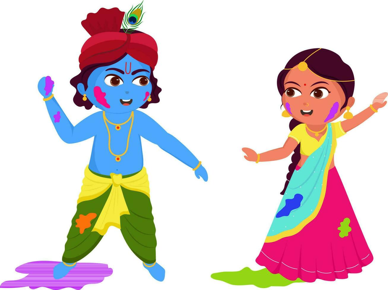 ilustración de pequeño señor Krishna y radha personaje jugando colores juntos para contento holi concepto. vector