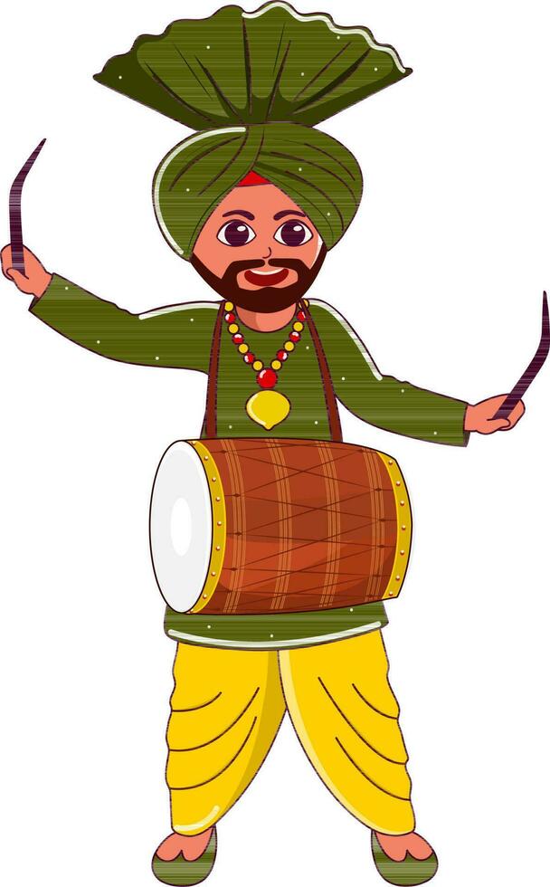 joven punjabi hombre jugando dhol instrumento en en pie pose. vector