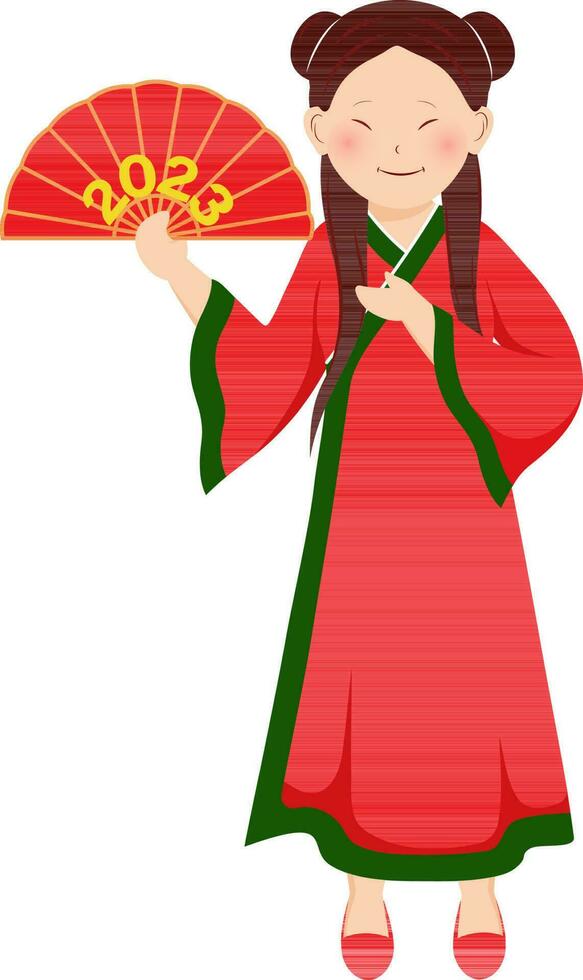 chino joven niña personaje participación doblada ventilador con 2023 número en en pie pose. vector