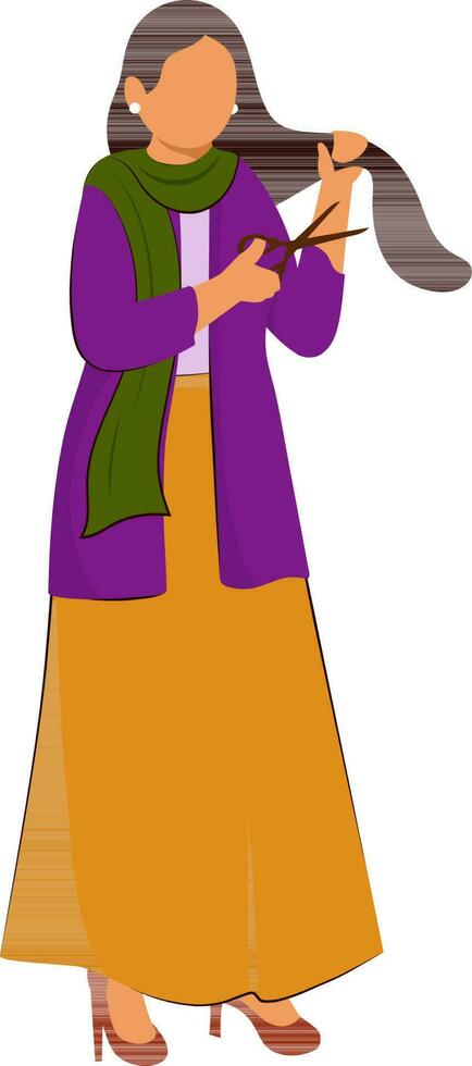Illustration of Faceless Young Girl Character Cutting Her Hair With Scissors In Standing Pose. vector