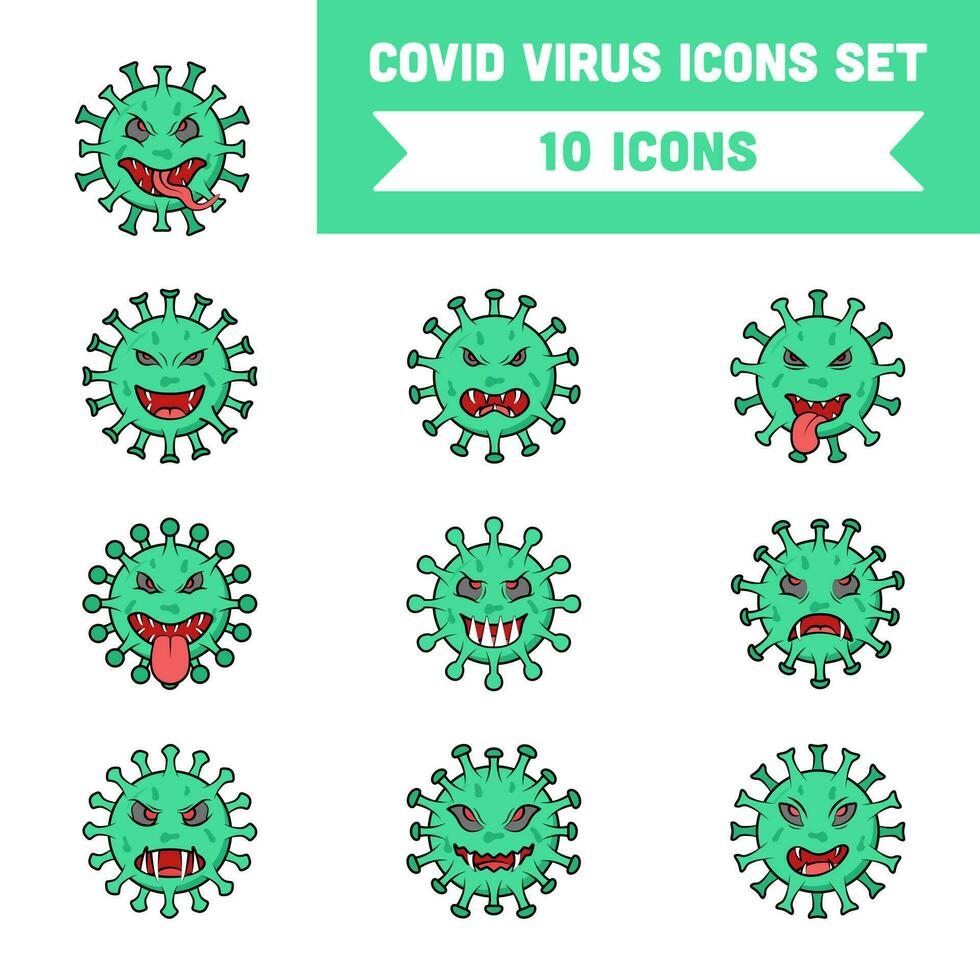 Different Virus Face Cartoon Icon Set In Green Color. vector
