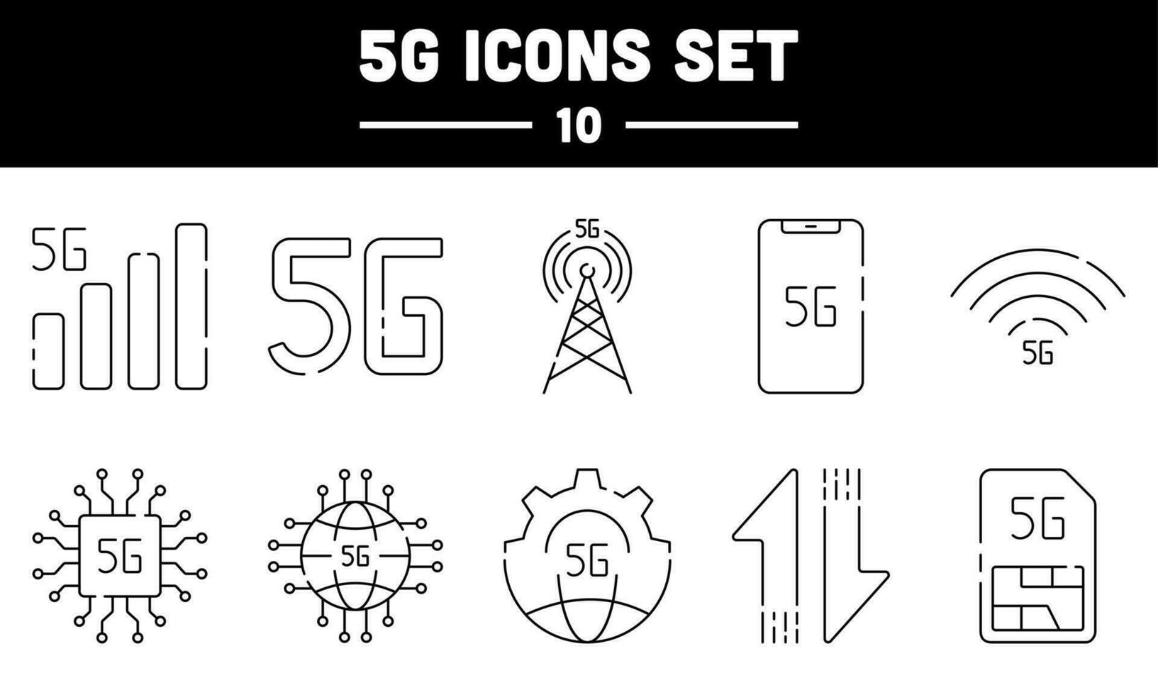 Black Lineal Style 5G Icon Or Symbol Set. vector