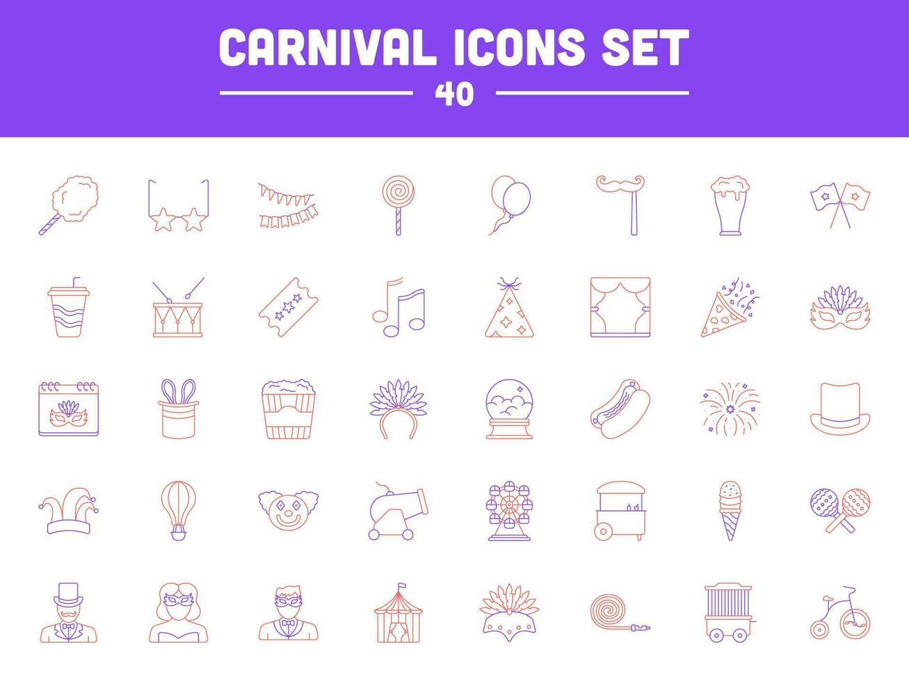 Red And Purple Carnival Line Art Icon Set. vector
