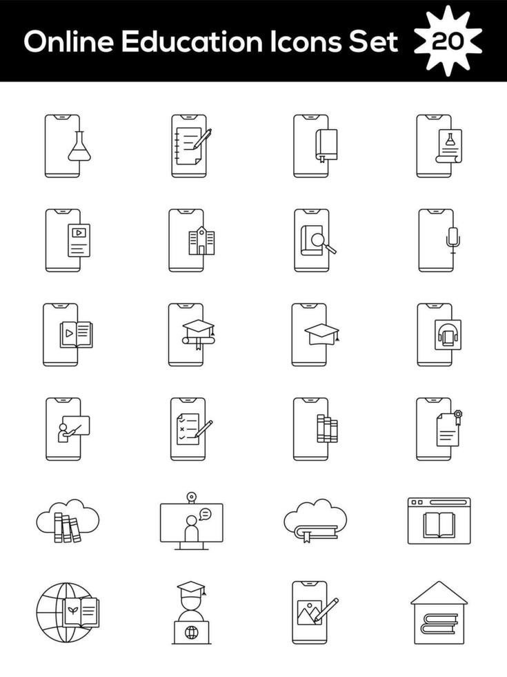 Flat Style Online Education Line Art Icon Set. vector