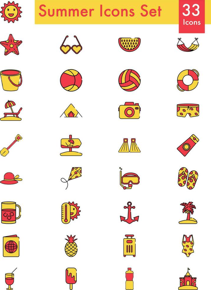 Red And Yellow Color Set Of Summer Icon In Flat Style. vector
