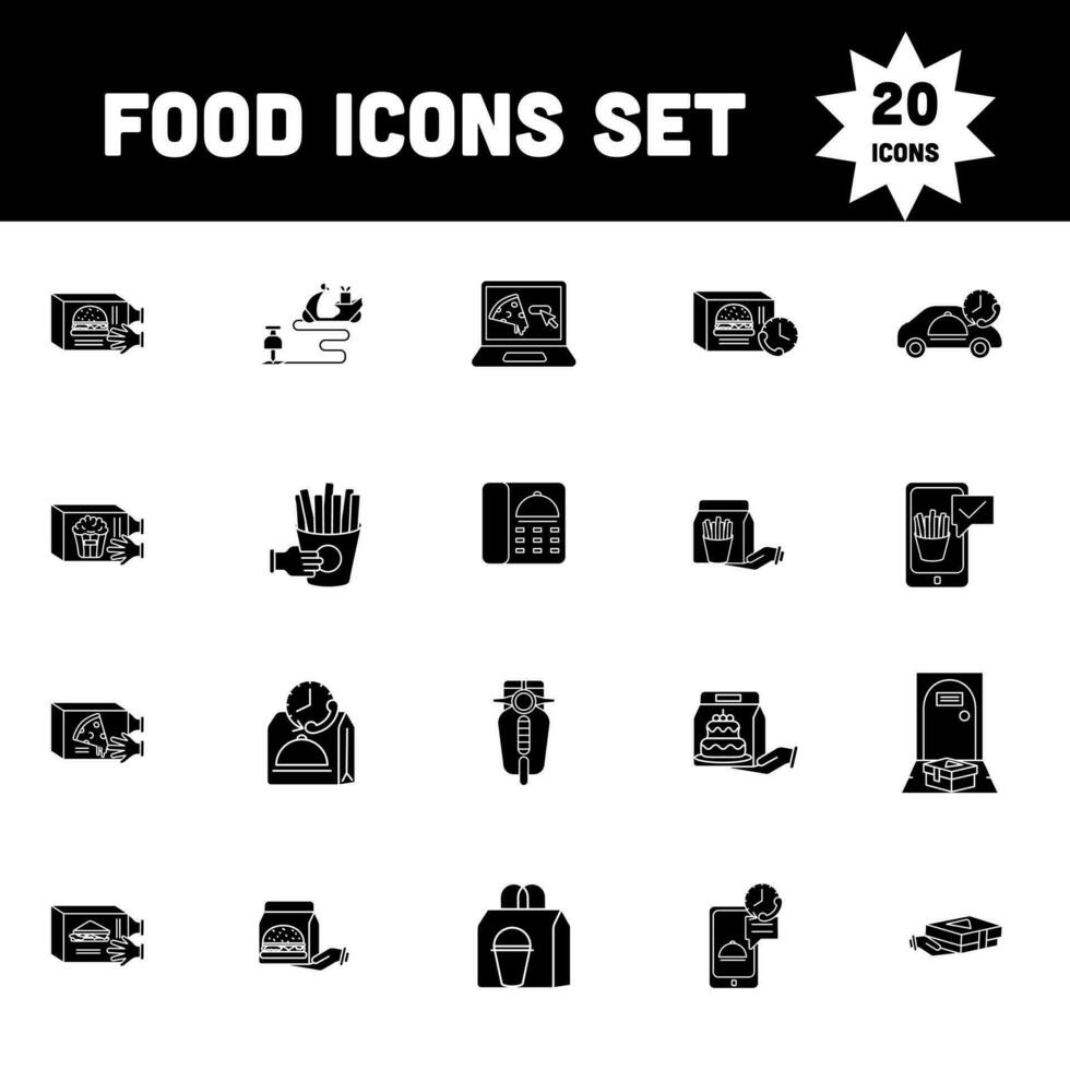 plano estilo comida icono conjunto en negro y blanco color. vector