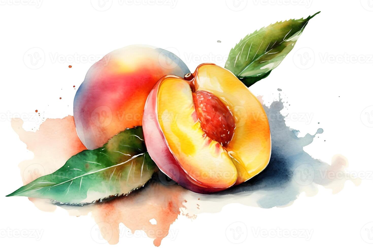 Ripe peaches on white background, watercolor illustration. . photo