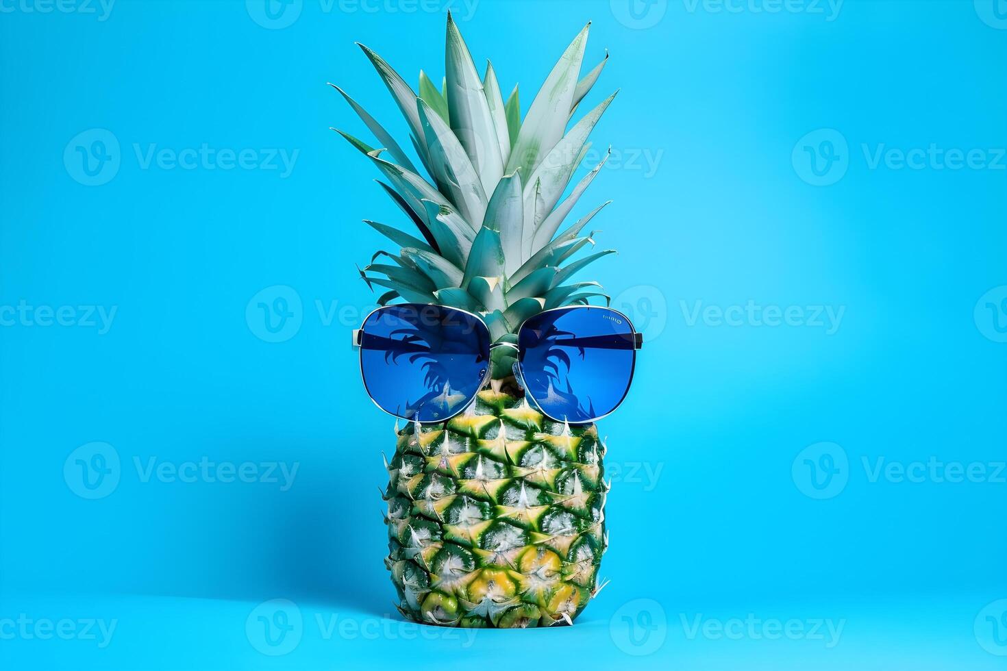 Pineapple in sunglasses on blue background with copy space. . photo
