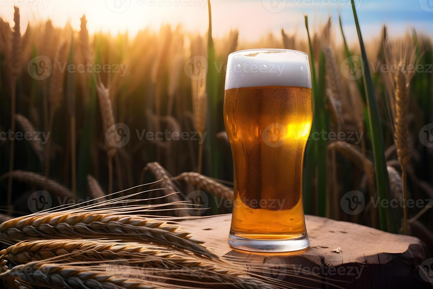 Glass of light wheat beer in the wheat field with copy space. . photo