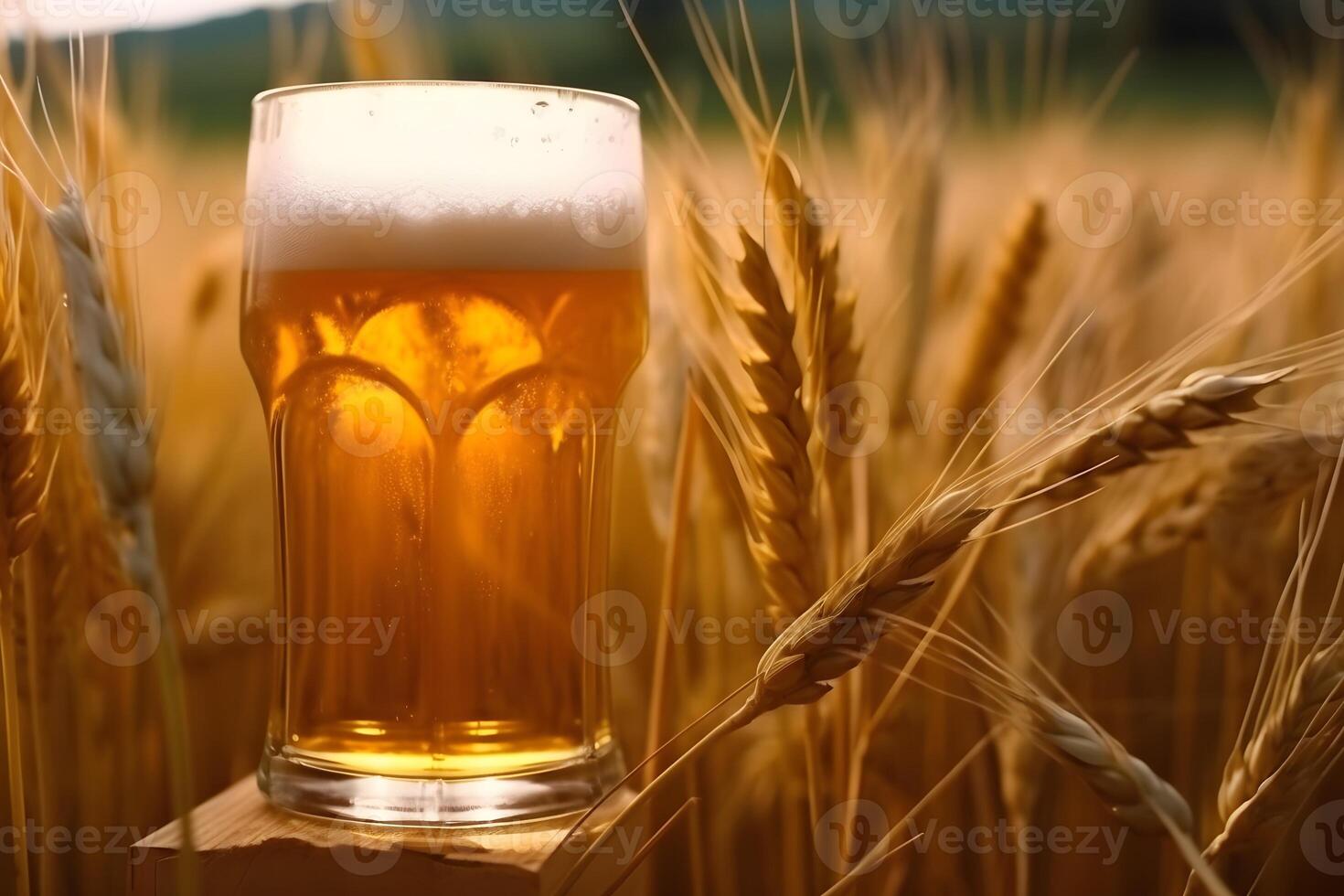vaso de ligero trigo cerveza en el orejas de trigo. ai generado. foto