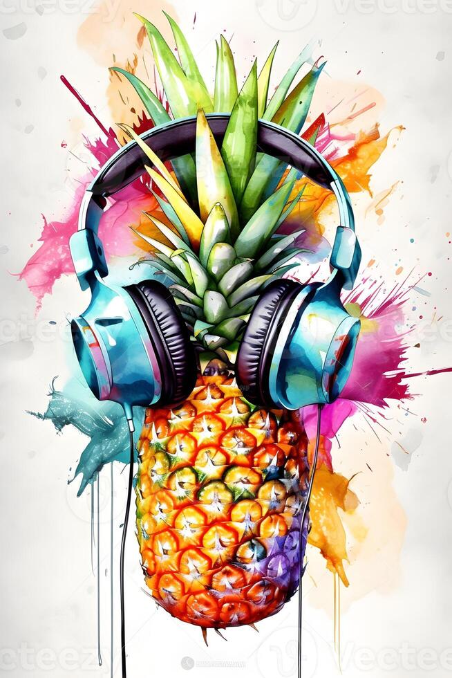 Watercolor painting of pineapple in headphones with colorful splashes on white background. . photo