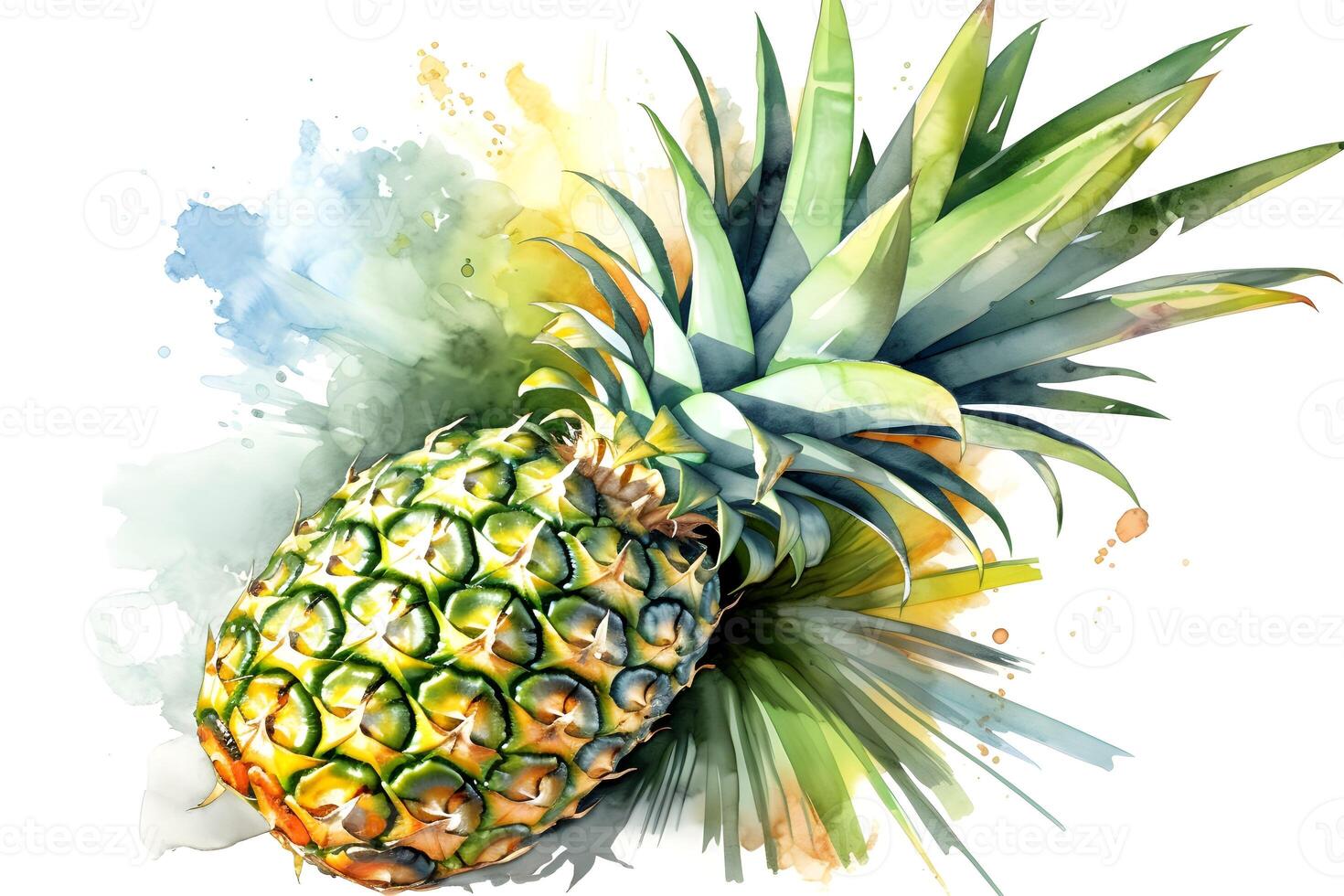 Watercolor painting of pineapple with colorful splashes on white background. . photo