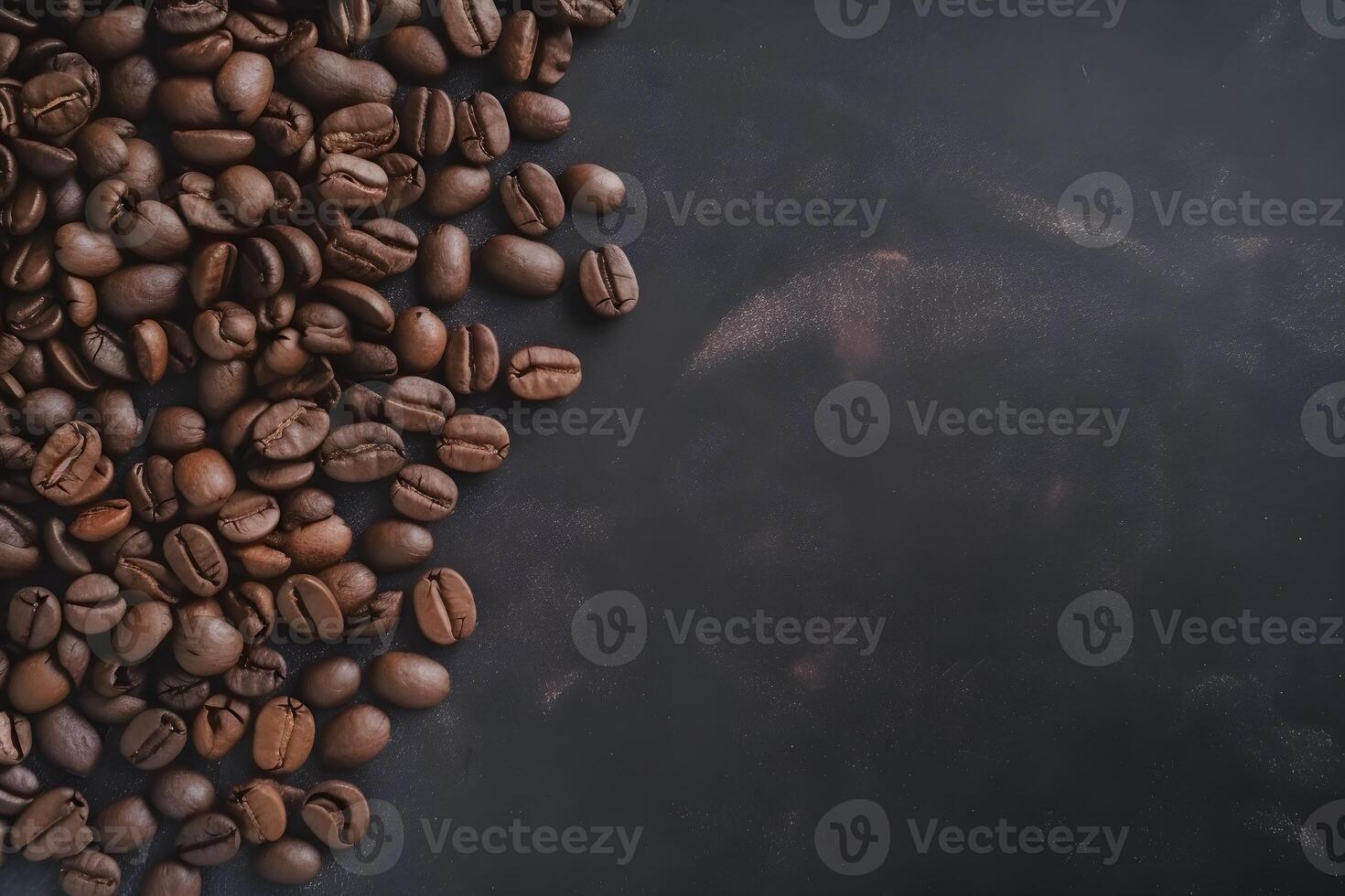 Roasted coffee beans on black background, top view with copy space. . photo