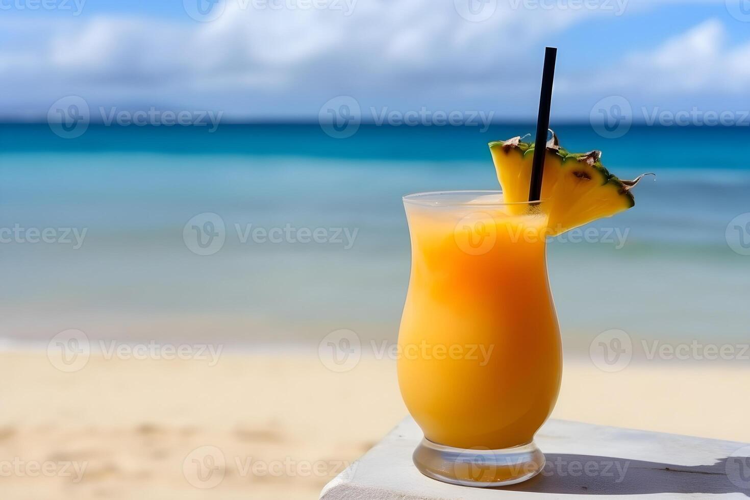 Summer cocktail with a slice of pineapple on a table in a cafe on the beach. Mai tai. . photo