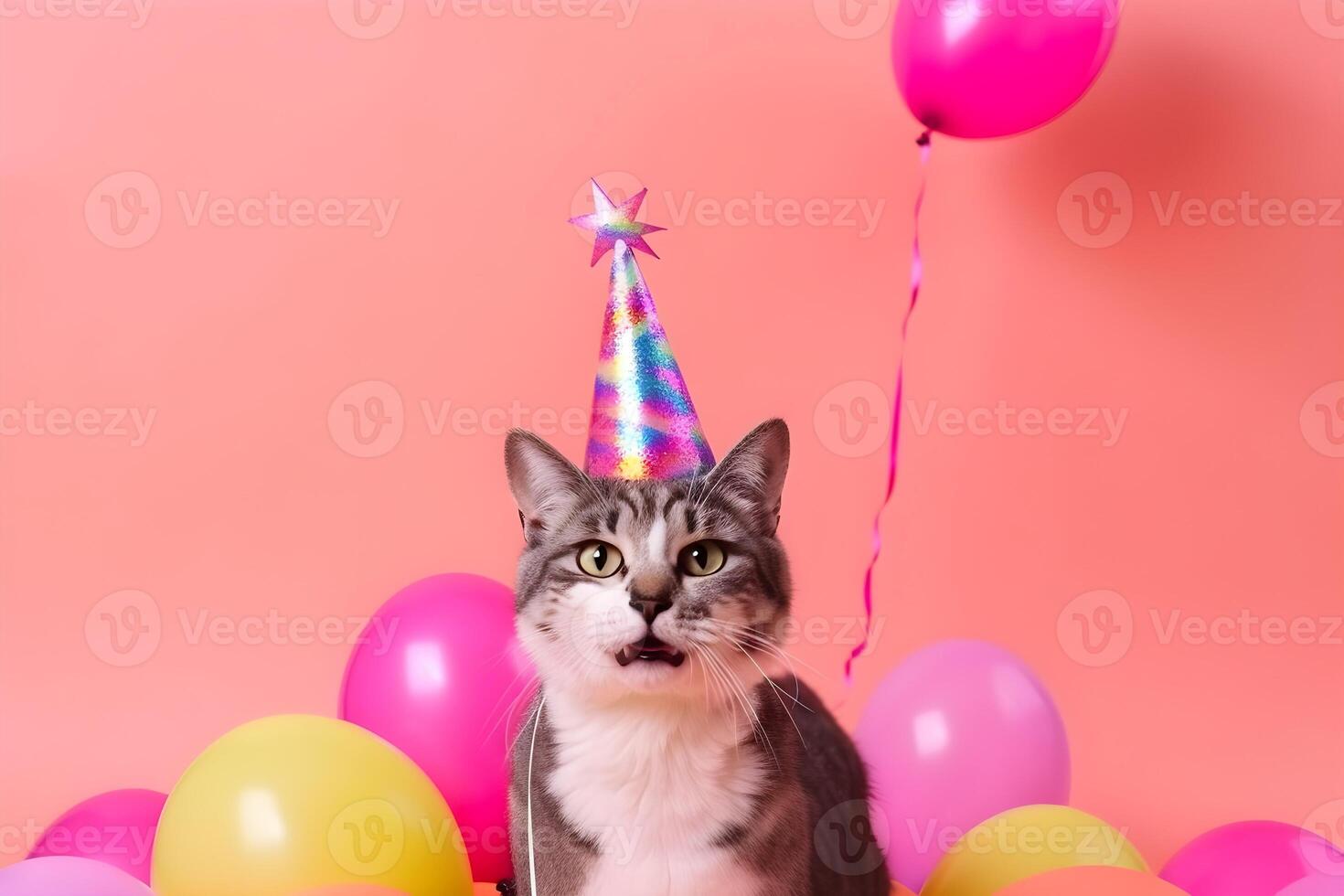 gracioso gato con un abierto boca vistiendo un fiesta sombrero y globos en rosado antecedentes con Copiar espacio. ai generado. foto