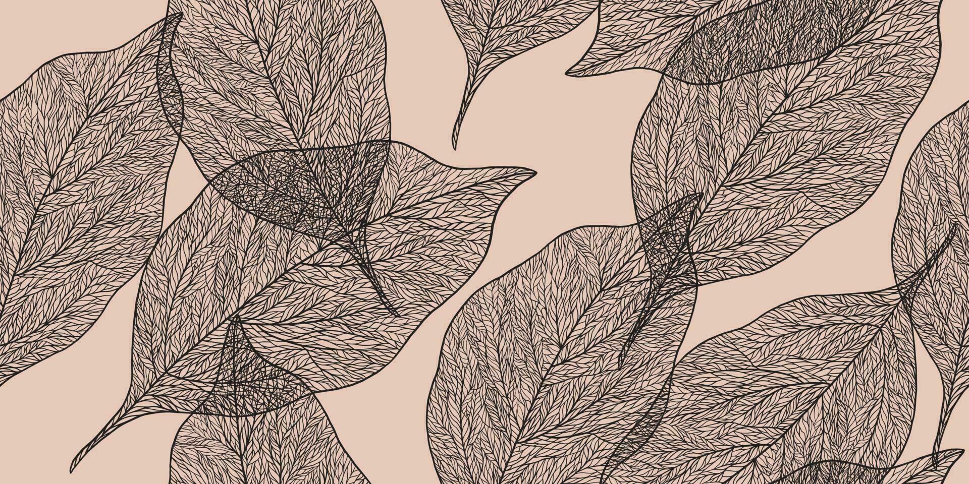 Pattern with textured linear leaf on beige background. Outline transparent leaves vector