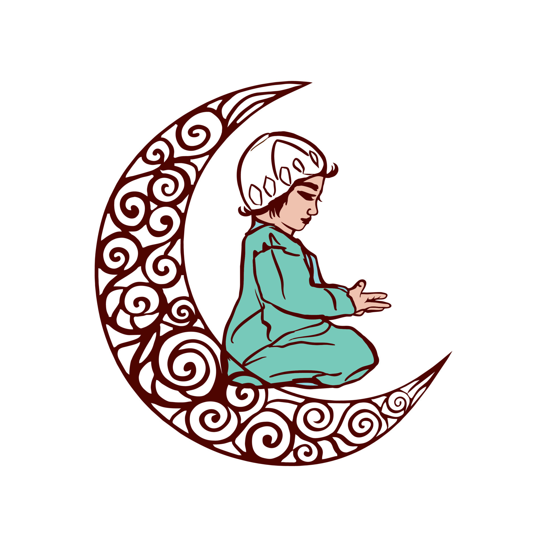 Religious muslim boy reading Namaz on moon decorated background for