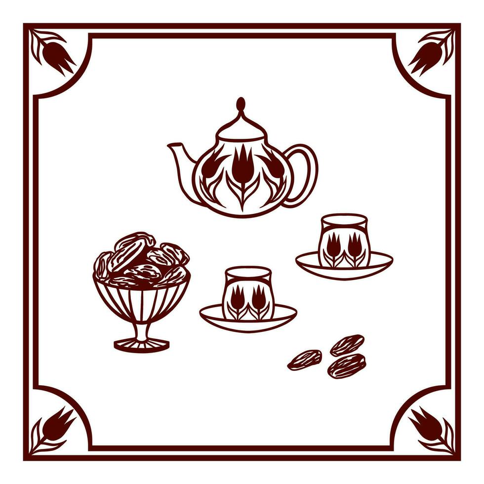 Iftar composition with a teapot, cups and dried dates, arranged in a beautiful themed frame. Ramadan vector illustration. For greeting cards, holiday banners, decorative elements, invitations.