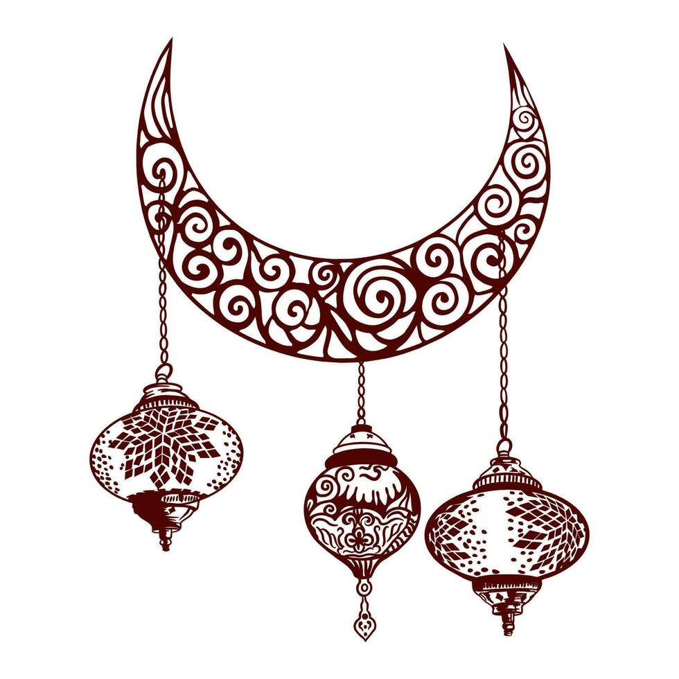 Oriental lamps hung from a crescent moon to welcome Ramadan. Ramadan vector illustration. Muslim holiday of the month of Ramadan. For invitations, greeting cards, holiday banners.