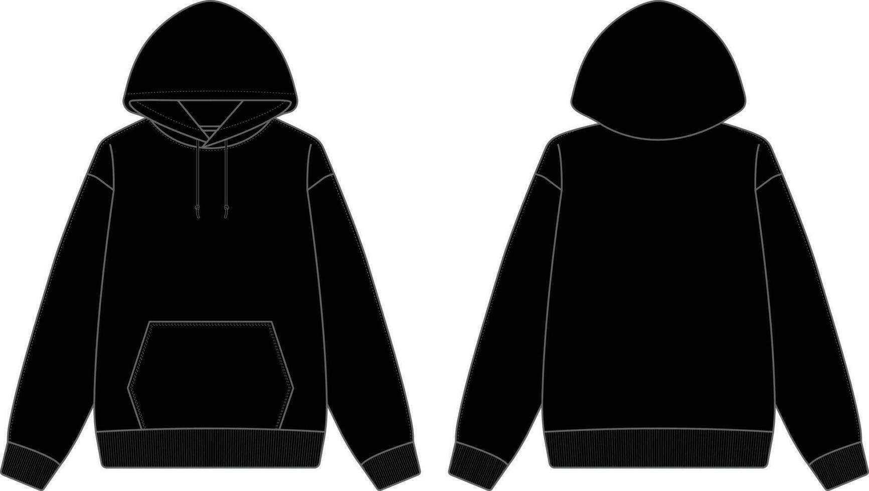 Blank Black Hoodie Mock-Up Template on White Background, Front and Back View vector