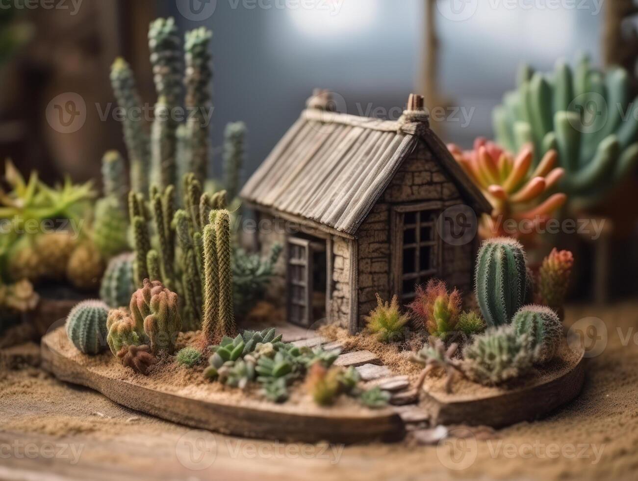 Fantasy Miniature home flowers succulents and cactus in the garden Created with technology photo