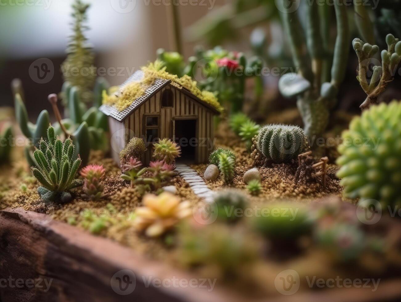 Fantasy Miniature home flowers succulents and cactus in the garden Created with technology photo