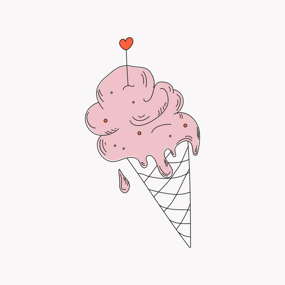 Ice cream , drawing food . Doodle-style ice cream. Summer. Food, dessert. Ice cream in a waffle cone. Vector illustration on white background.