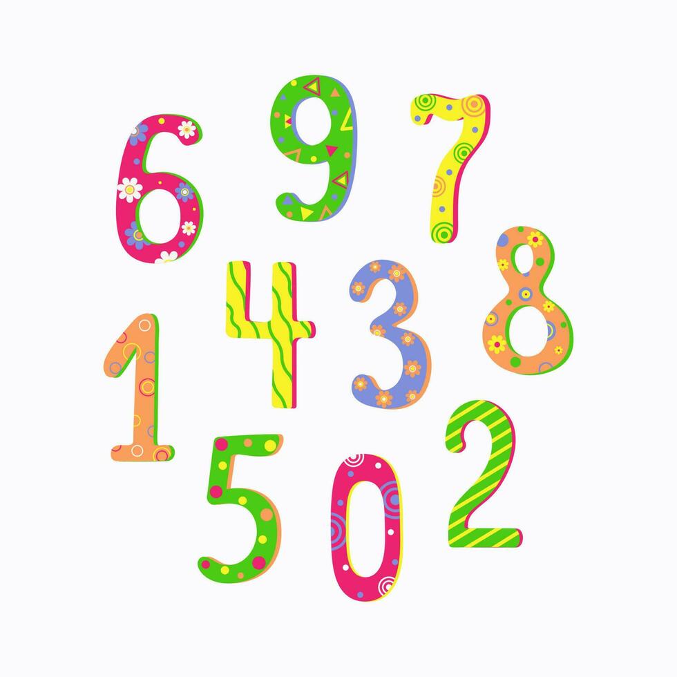 The numbers are multi-colored. Cartoon number. Vector illustration on white isolated background.