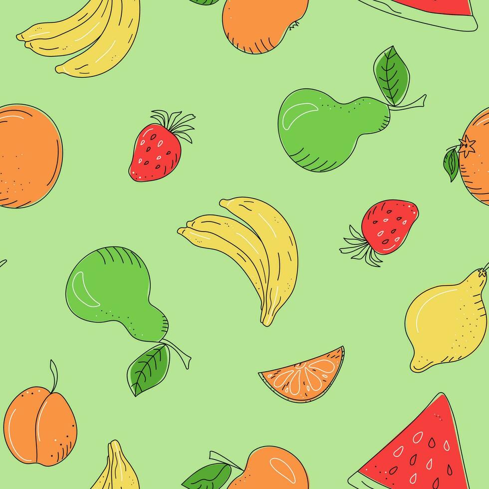 Abstract drawings of fruits and berries. Vegetarian food. Seamless background, texture for packaging and textiles. vector