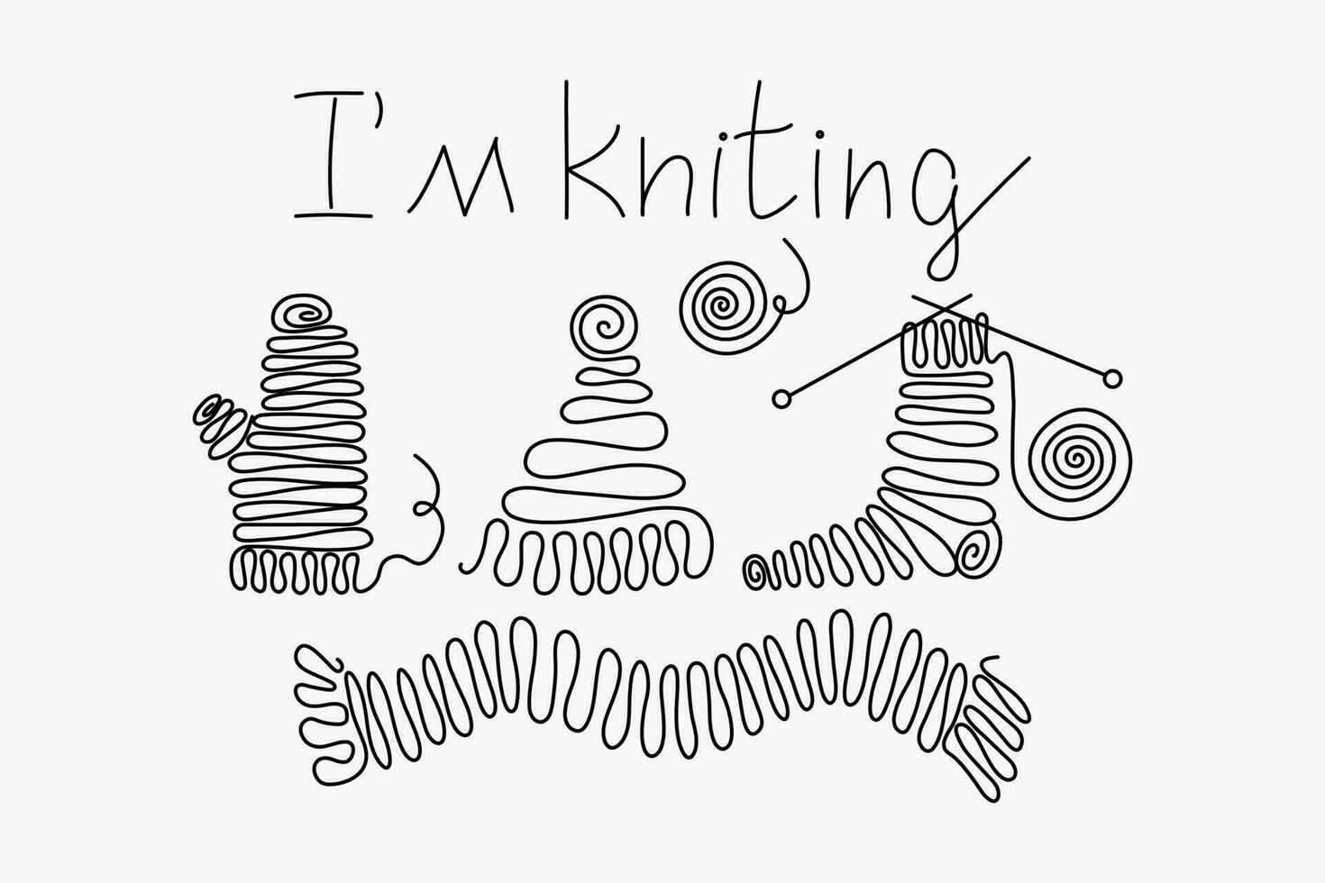 Knitting threads. Line art. Signs of needlework, sewing, hobbies. Knitwear badge drawings. Clubs of thread and needles.  Calligraphy, lettering.  Vector illustration, white isolated background.