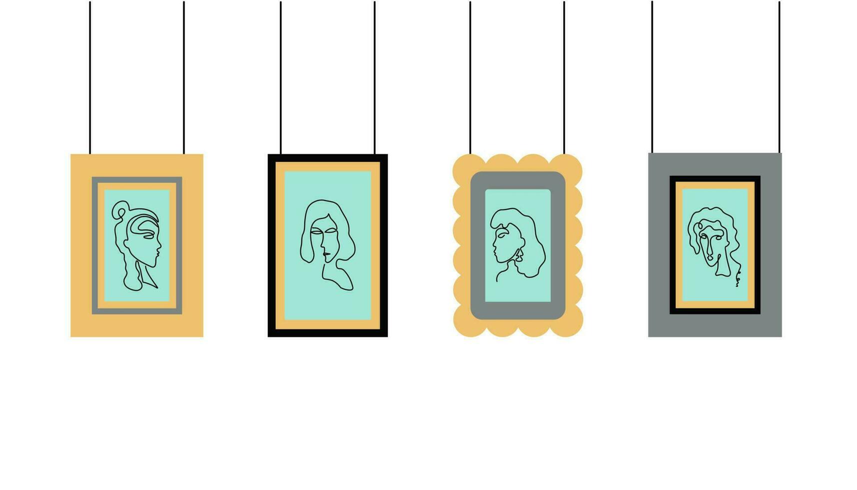 Frame, picture. Set of portraits in the style of line art. Backgrounds of the frame. Photo gallery, exhibition. Exposition.  Vector illustration on white isolated background.