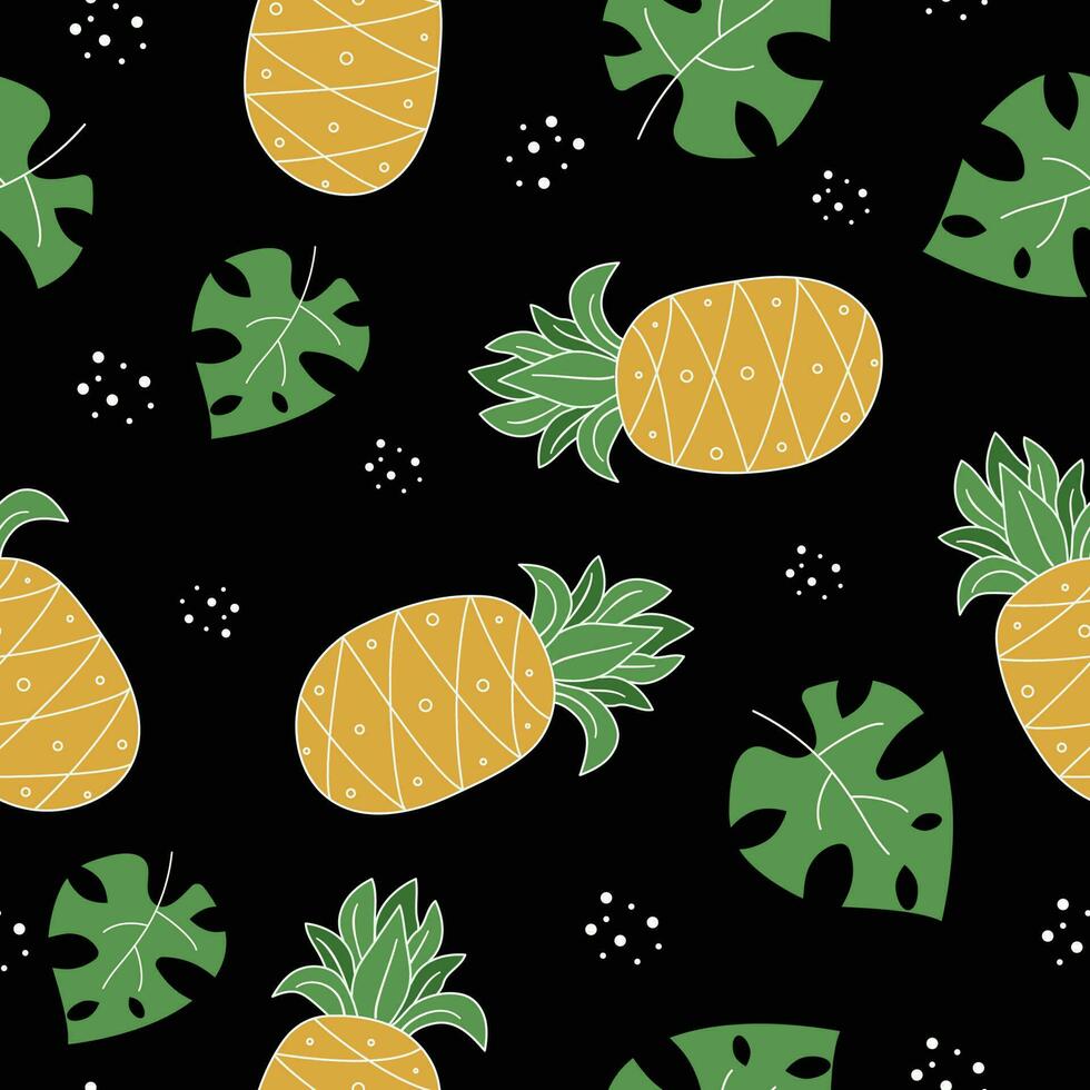 Pineapple and tropical leaves. Vector seamless pattern.