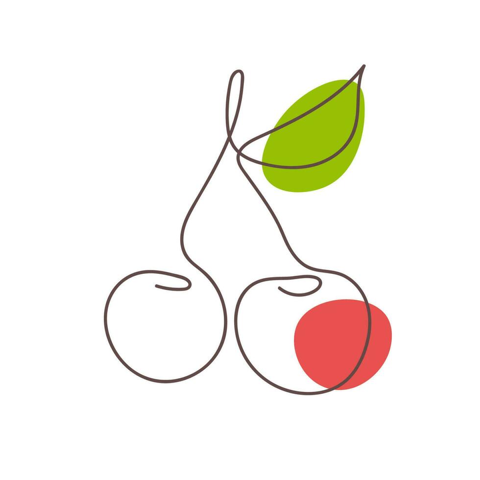 Cherry in one line drawing art style. Vector illustration isolated on white background