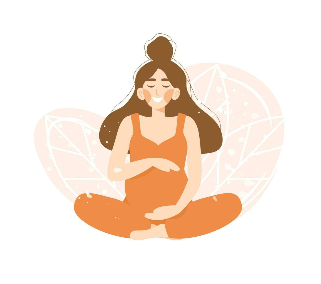 sonriente embarazada mujer sentado en loto actitud y abrazando su barriga. plano dibujos animados vector ilustración. sano el embarazo y prenatal yoga concepto
