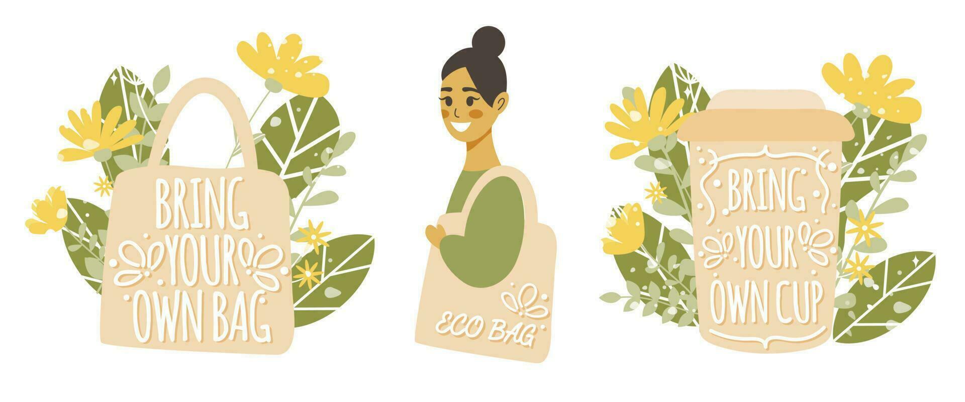 Set of zero waste concept illustrations - Smiling girl with eco shopping bag. Bring your own cup vector with reusable coffee cup, flowers and leaves. Bring your own bag flat cartoon illustration