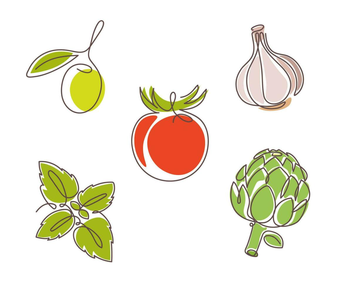 Set of Italian cuisine ingredients - tomato, basil, olive, garlic and artichoke. One continuous line drawing art. Vector illustration isolated on white background. Perfect for logo, icon and so on