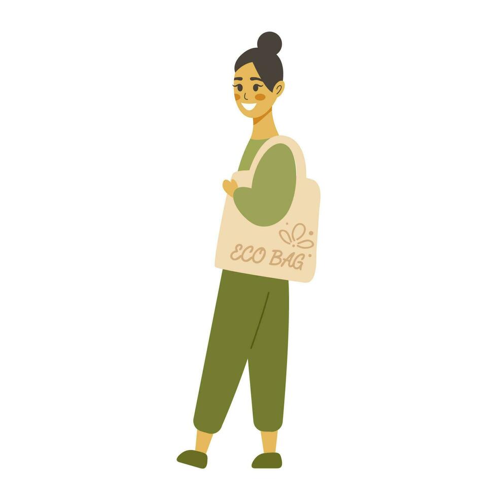 sonriente joven mujer participación eco bolsa. concepto de ambiente cuidado, eco simpático estilo de vida, cero desperdiciar. plano dibujos animados vector personaje aislado en blanco antecedentes