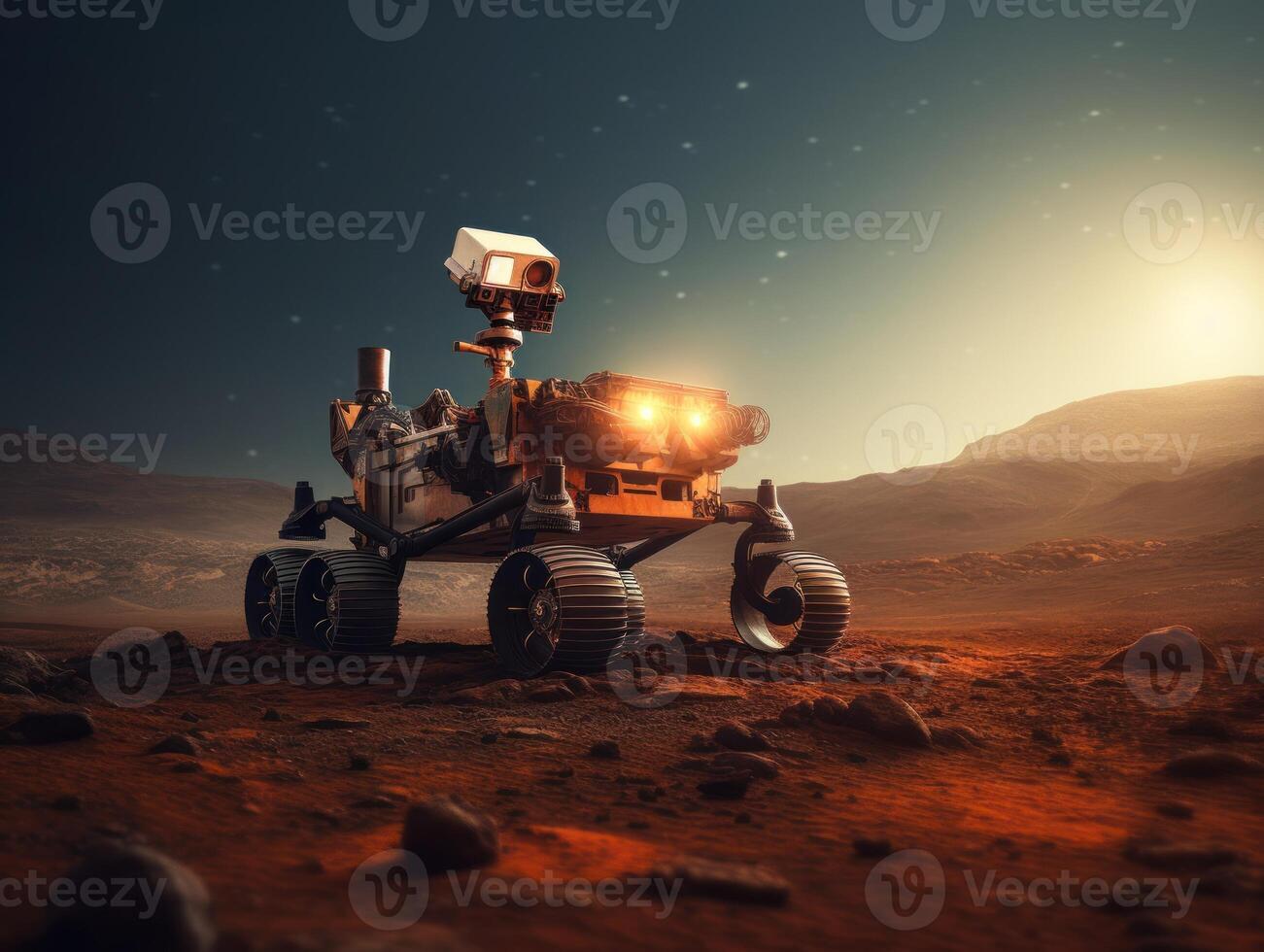 Rover on Mars surface. Exploration of red planet. Created with technology. photo