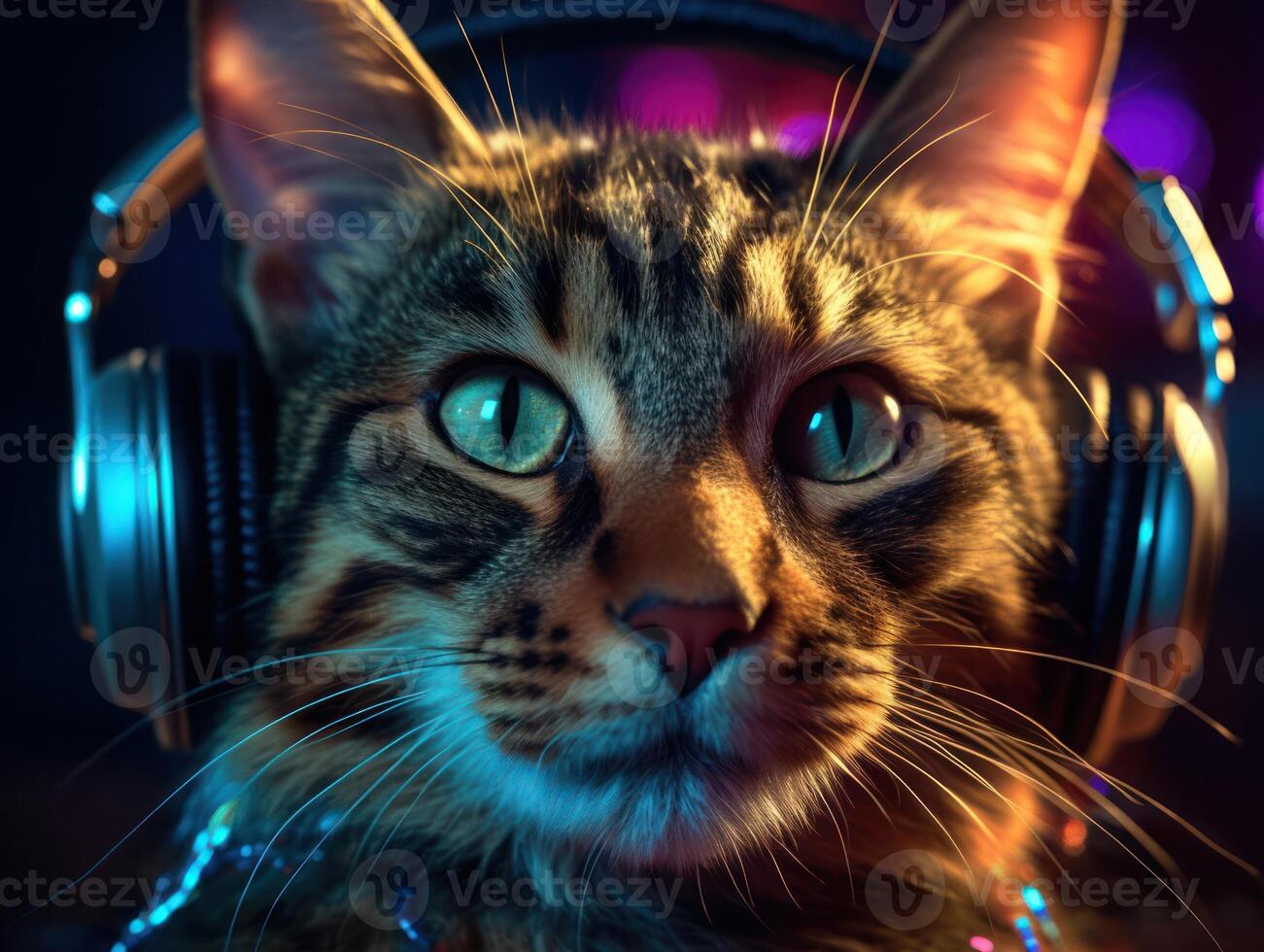 Cat in big headphones enjoys music. Created with technology photo