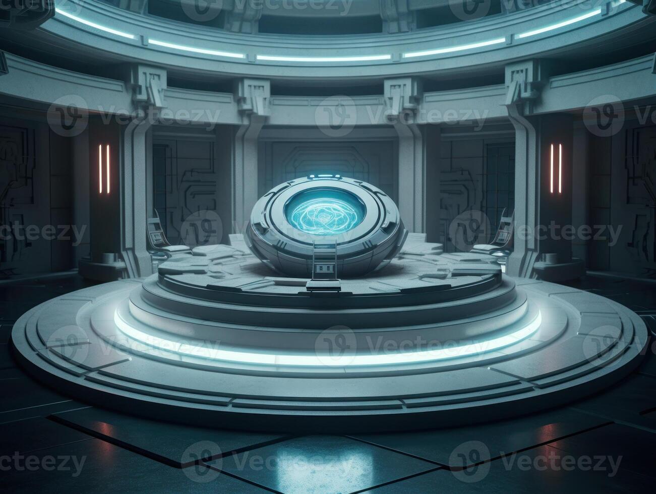 Futuristic sci-fi room with neon lights Round podium created with technology. photo