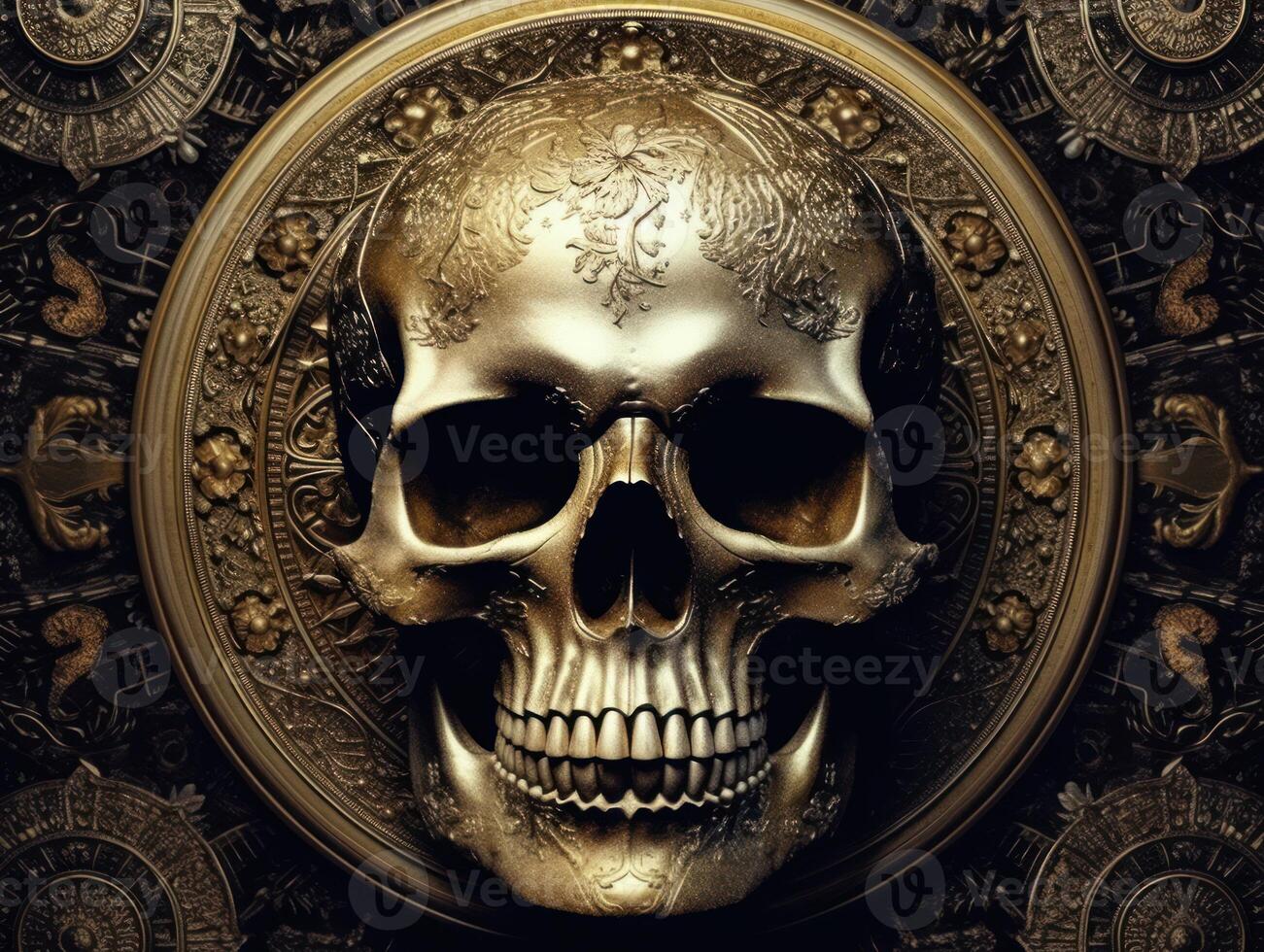 Skull with golden ornament on a dark background Created with technology photo